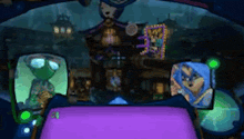 a cartoon character is sitting in the driver 's seat of a car with a purple table in front of him .