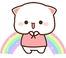 a cartoon cat is standing in front of a rainbow and wearing a pink shirt .
