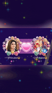 a purple background with two pictures of a woman and a heart with ayushi written on it