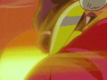 a close up of a cartoon character 's face with a red and yellow background