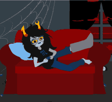 a cartoon drawing of a girl laying on a couch with the letter m on her shirt