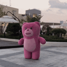 a pink teddy bear is standing on a sidewalk in front of a building
