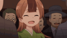 a girl with brown hair is smiling in a crowd