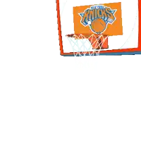 a penguin is playing basketball in front of a new york knicks sign