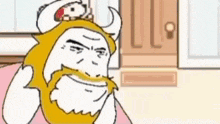 a cartoon character with a beard and horns is laying on a bed and smiling .