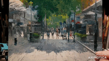 a painting of people walking down a street with the words made in animotica at the bottom