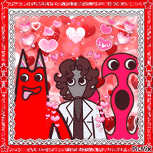 a picture of three cartoon characters with hearts surrounding them and a heart that says love