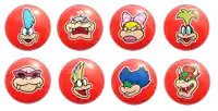 eight red circles with cartoon characters on them