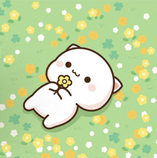 a cartoon cat is laying in the grass holding a yellow flower