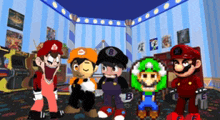 a group of cartoon characters are standing in a room .