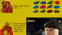 a meme about returning the military beret has a picture of a man in an orange jacket