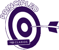 a purple target with a dart in the center and the words principled clarios below it