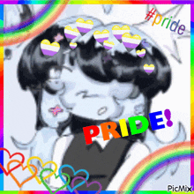 a drawing of a person with hearts on their head and the word pride on the bottom