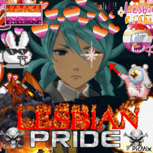 a picture of a girl with hearts in her hair and the words lesbian pride