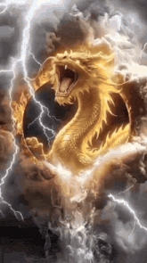 a golden dragon is surrounded by lightning in a cloudy sky .