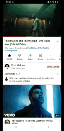 a screenshot of post malone and the weeknd one right now video