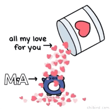 a penguin is surrounded by hearts and says `` all my love for you ''