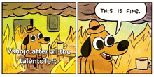 a cartoon of a dog sitting in front of a fire saying " this is fine "