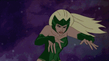 a cartoon of a woman in a green dress with her arms in the air .
