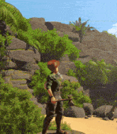 a cartoon character is holding a stick in front of a cliff