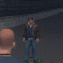 a man is standing in front of another man in a video game and talking to him .