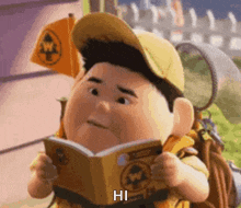 a cartoon character from up is reading a book and saying hi .