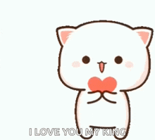 a cute cartoon cat is holding a heart in its mouth and saying `` i love you my king '' .