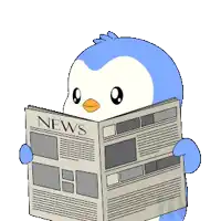 a penguin is reading a newspaper that says news on it