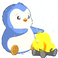 a cartoon penguin sits next to a fire