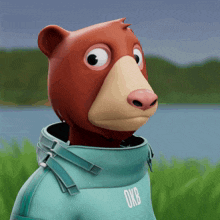 a cartoon bear is wearing a blue jacket that says okb on it