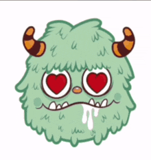 a green monster with horns and hearts in its eyes says i love