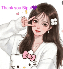 a girl in a hello kitty sweater shows a peace sign