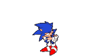 a cartoon of sonic the hedgehog is standing on a white background and looking at something .