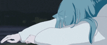a drawing of a girl with blue hair and a white shirt