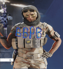 a woman in a military uniform is holding a gun and the letters bbps are drawn on her face