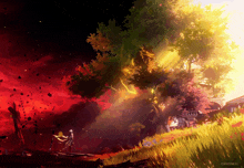 a painting of two people standing under a tree that says @phonkai on the bottom