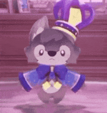 a cartoon wolf with a crown on his head is dancing in a room .