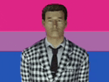 a man wearing a plaid suit and tie is standing in front of a bisexual flag .