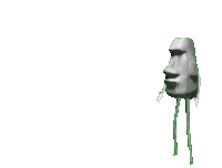 a statue of a moai head with a green nose is floating in the air on a white background .