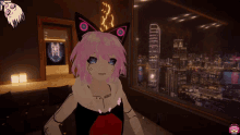a girl with pink hair and a black cat ear stands in front of a city skyline