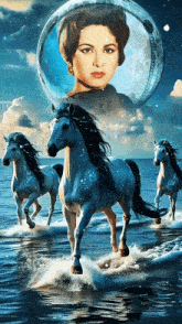a painting of a woman and horses in the water