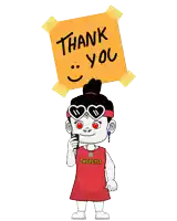 a cartoon character is holding a thank you sign