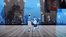 a woman and a boy are holding hands in front of a city