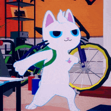 a white cat with blue eyes is standing in front of a bike