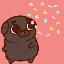 a cartoon pug is blowing sprinkles out of its mouth