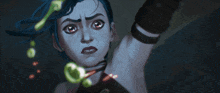 a girl with blue hair and red eyes is holding a green liquid in her hand