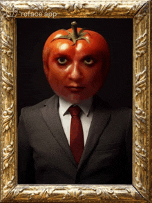 a picture of a man in a suit and tie with a tomato on his face