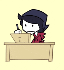 a cartoon character is sitting at a desk giving a thumbs up sign