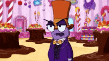a cartoon character in a purple suit and top hat is standing in a room filled with candy .