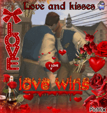 a picture of a couple kissing with the words love and kisses